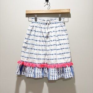 Boden White and Blue Tiered Mini Skirt with Pink Tassel Trim Striped Size 5-6Y